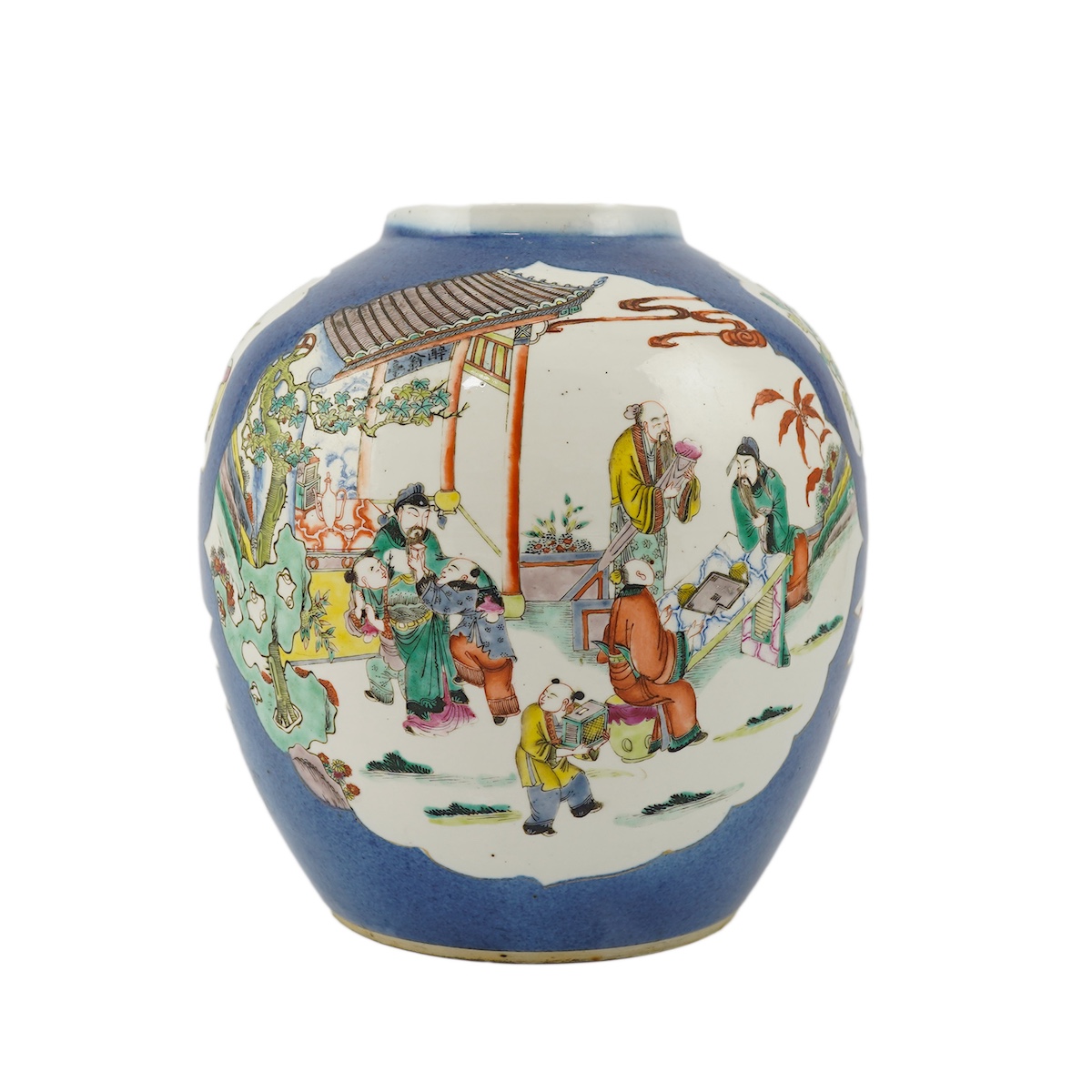 A large Chinese powder blue ground famille rose jar, late 19th century